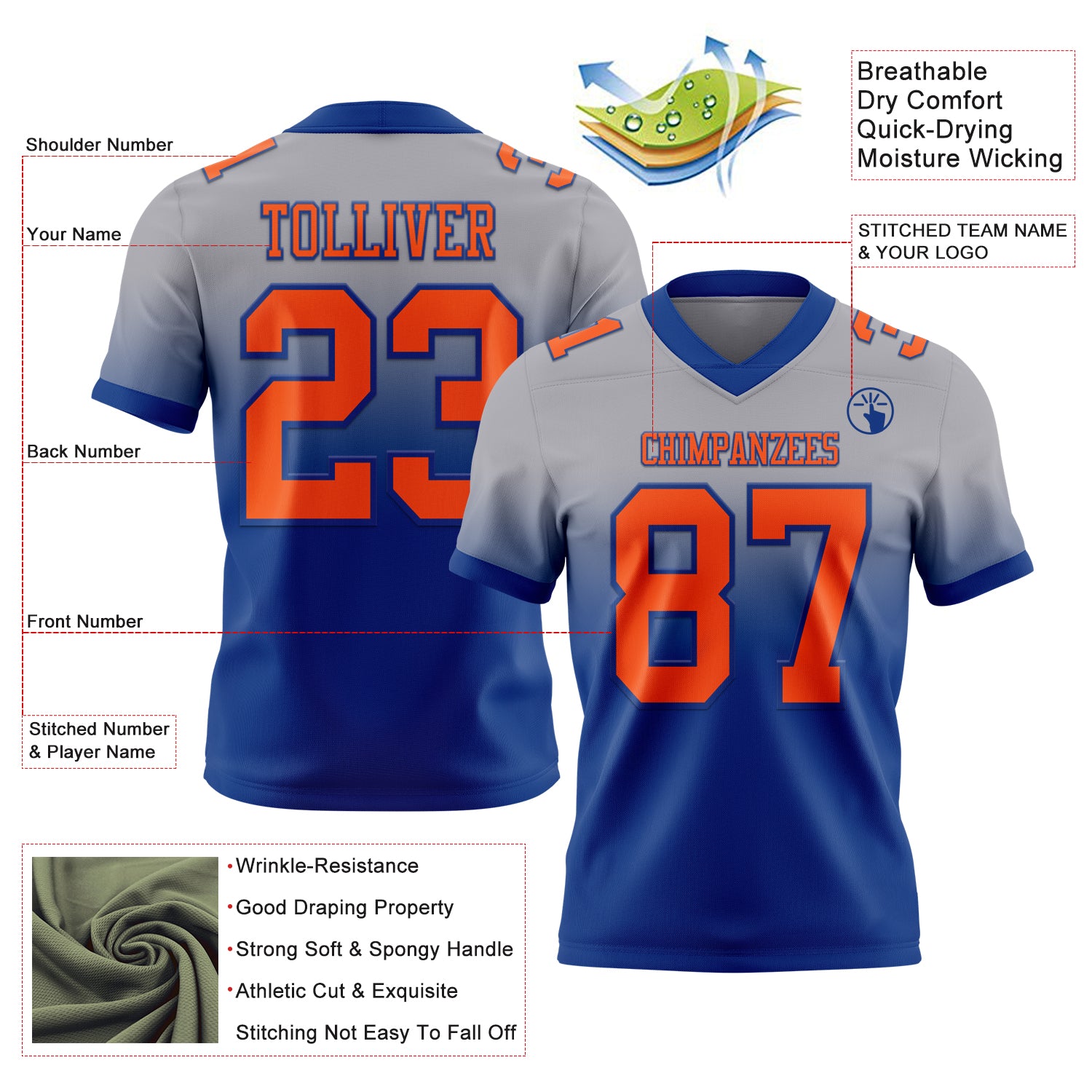 Custom Gray Orange-Royal Authentic Fade Fashion Football Jersey