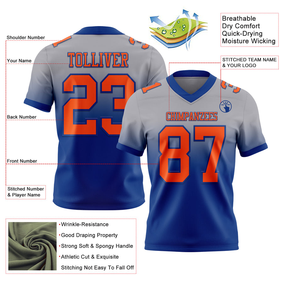 Custom Gray Orange-Royal Authentic Fade Fashion Football Jersey