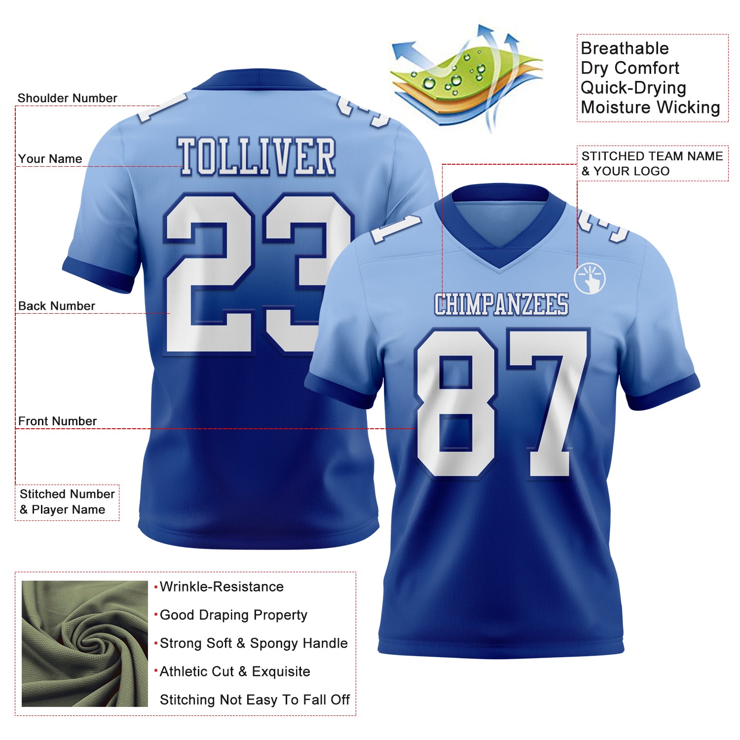 Custom Light Blue White-Royal Authentic Fade Fashion Football Jersey