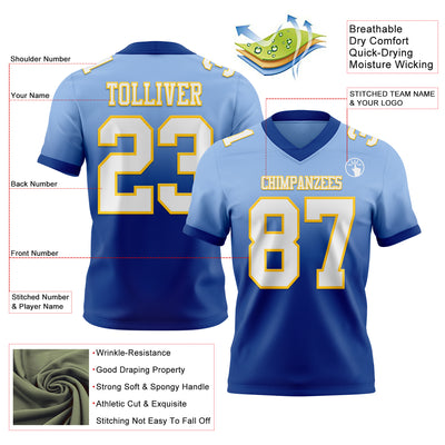 Custom Light Blue White Royal-Yellow Authentic Fade Fashion Football Jersey