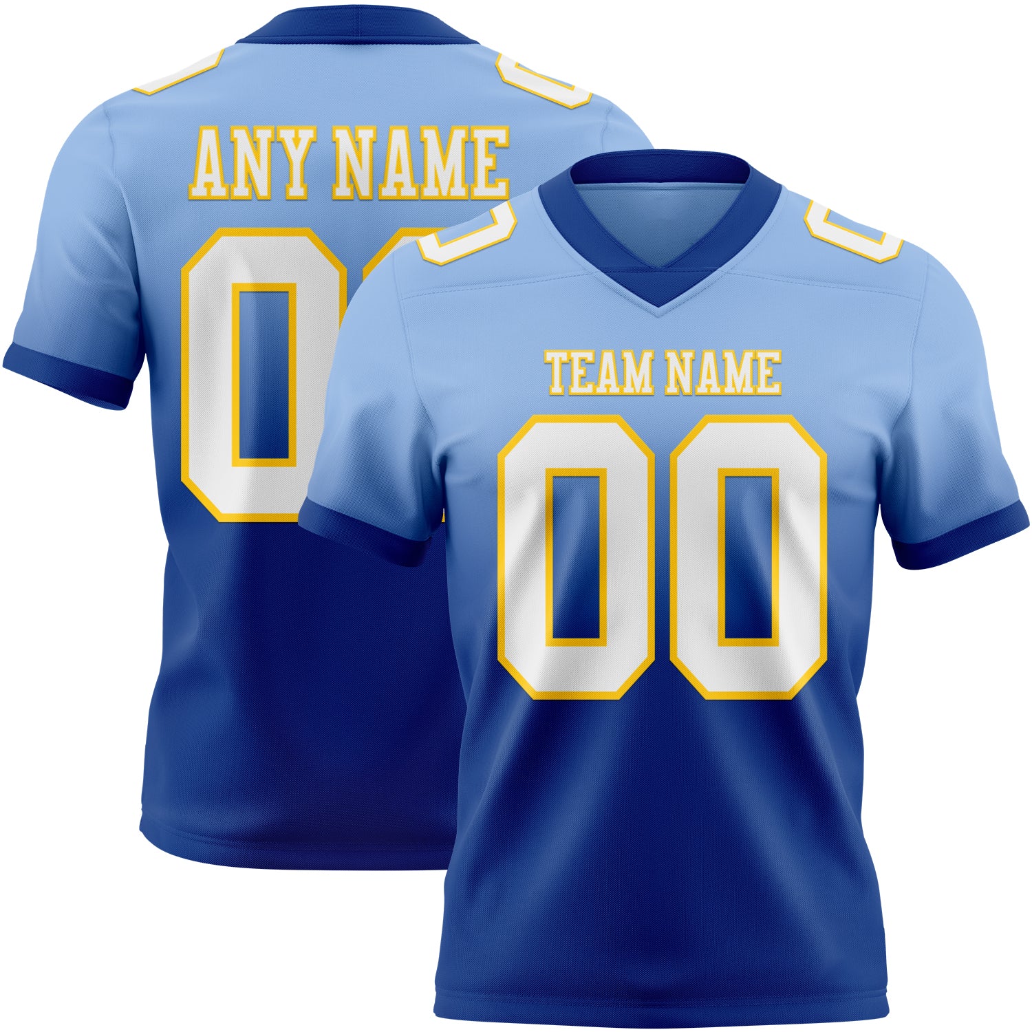 Custom Light Blue White Royal-Yellow Authentic Fade Fashion Football Jersey