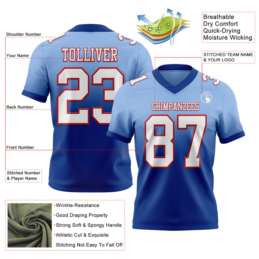 Custom Light Blue White Royal-Red Authentic Fade Fashion Football Jersey