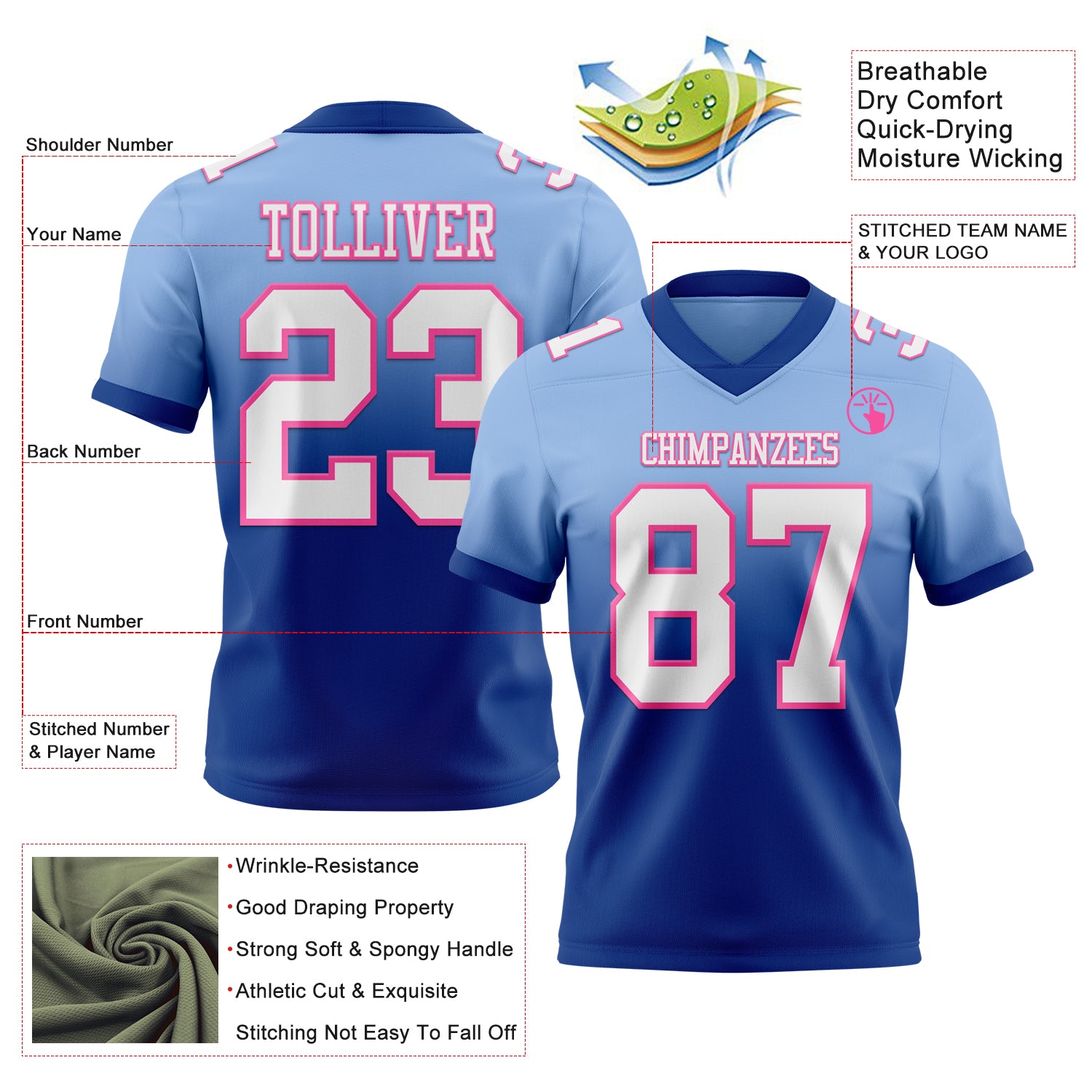 Custom Light Blue White Royal-Pink Authentic Fade Fashion Football Jersey