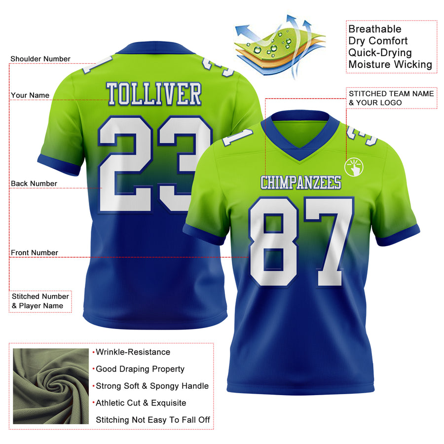 Custom Neon Green White-Royal Authentic Fade Fashion Football Jersey