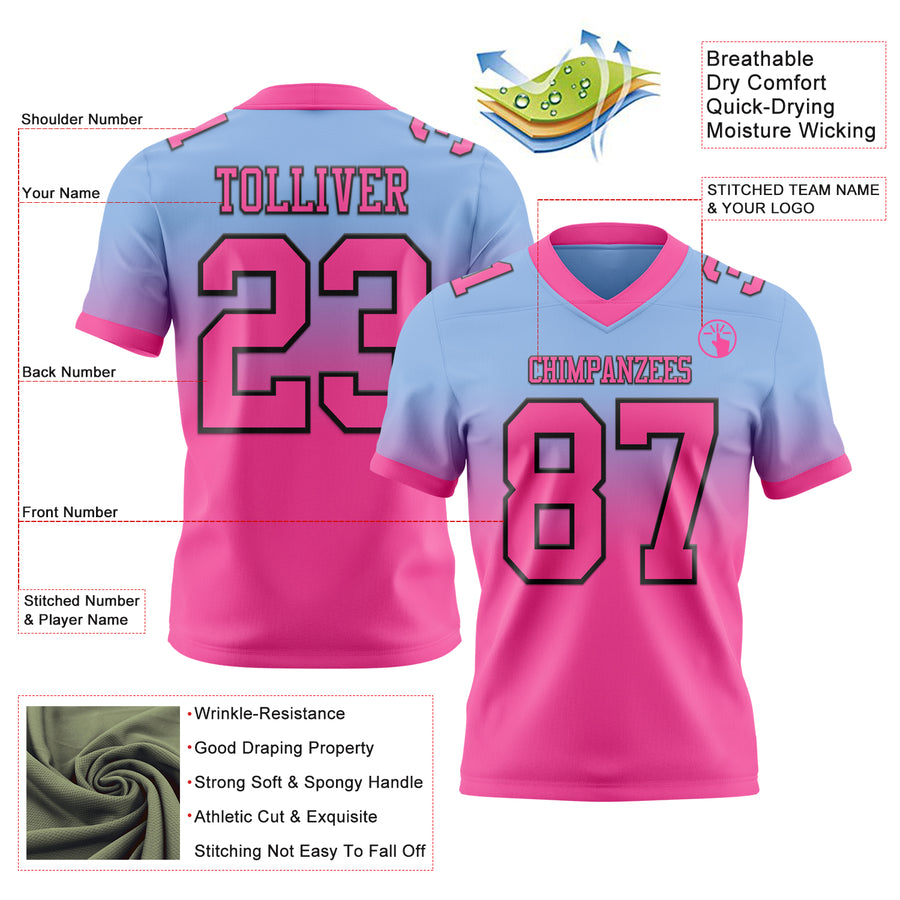 Custom Light Blue Pink-Black Authentic Fade Fashion Football Jersey