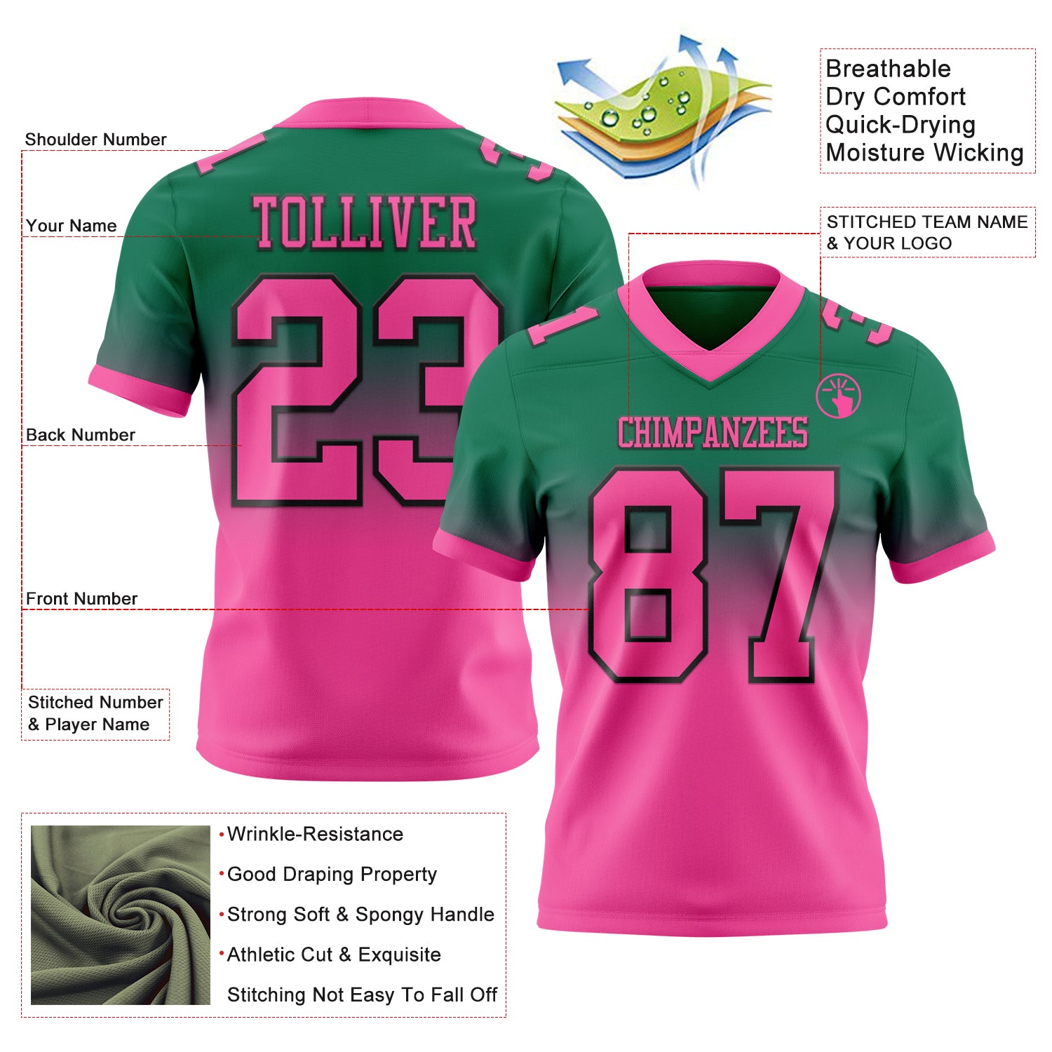 Custom Kelly Green Pink-Black Authentic Fade Fashion Football Jersey