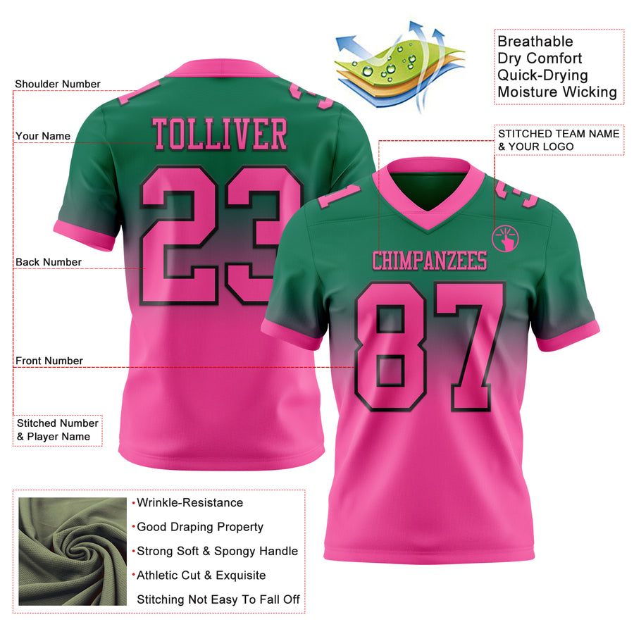 Custom Kelly Green Pink-Black Authentic Fade Fashion Football Jersey