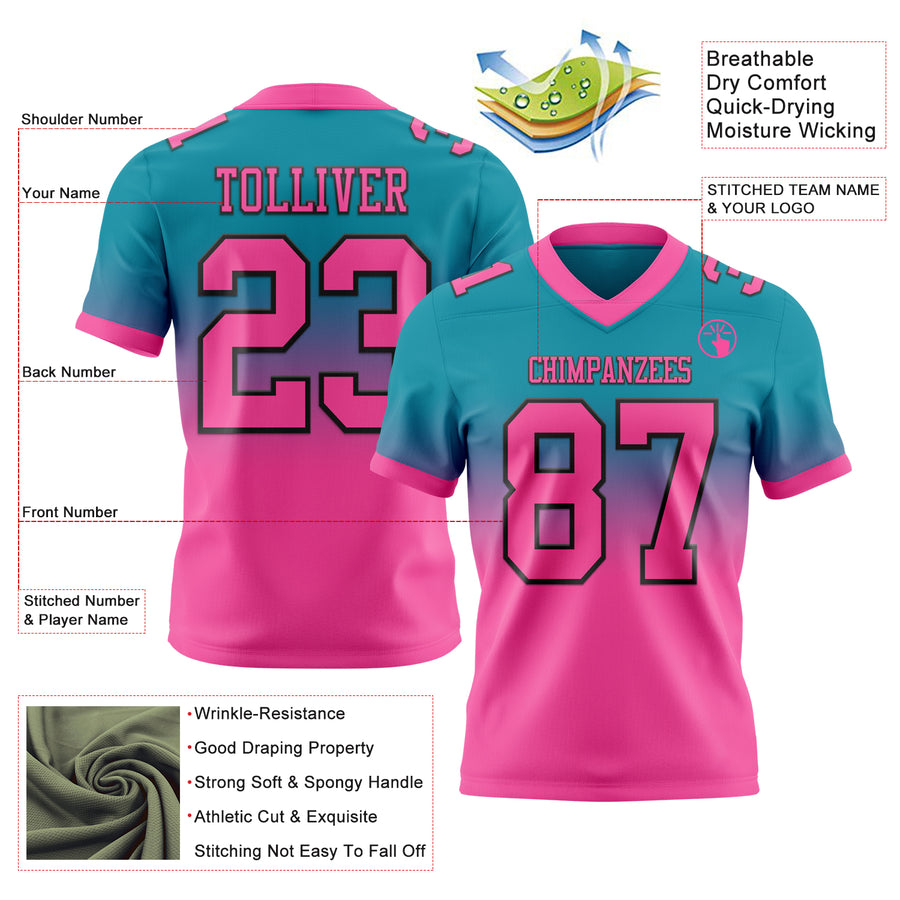Custom Teal Pink-Black Authentic Fade Fashion Football Jersey