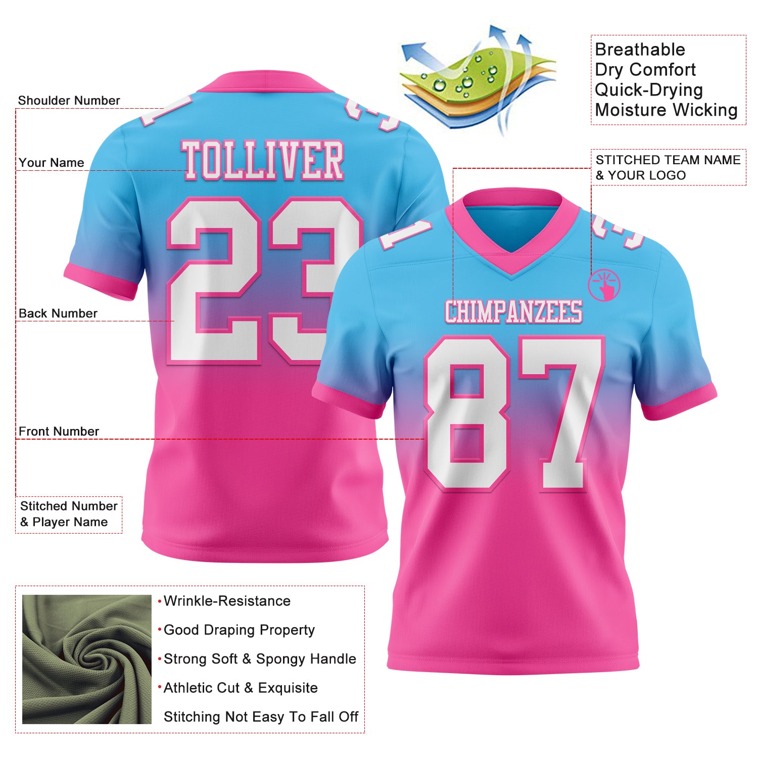 Custom Sky Blue White-Pink Authentic Fade Fashion Football Jersey