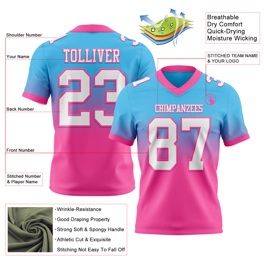 Custom Sky Blue White-Pink Authentic Fade Fashion Football Jersey