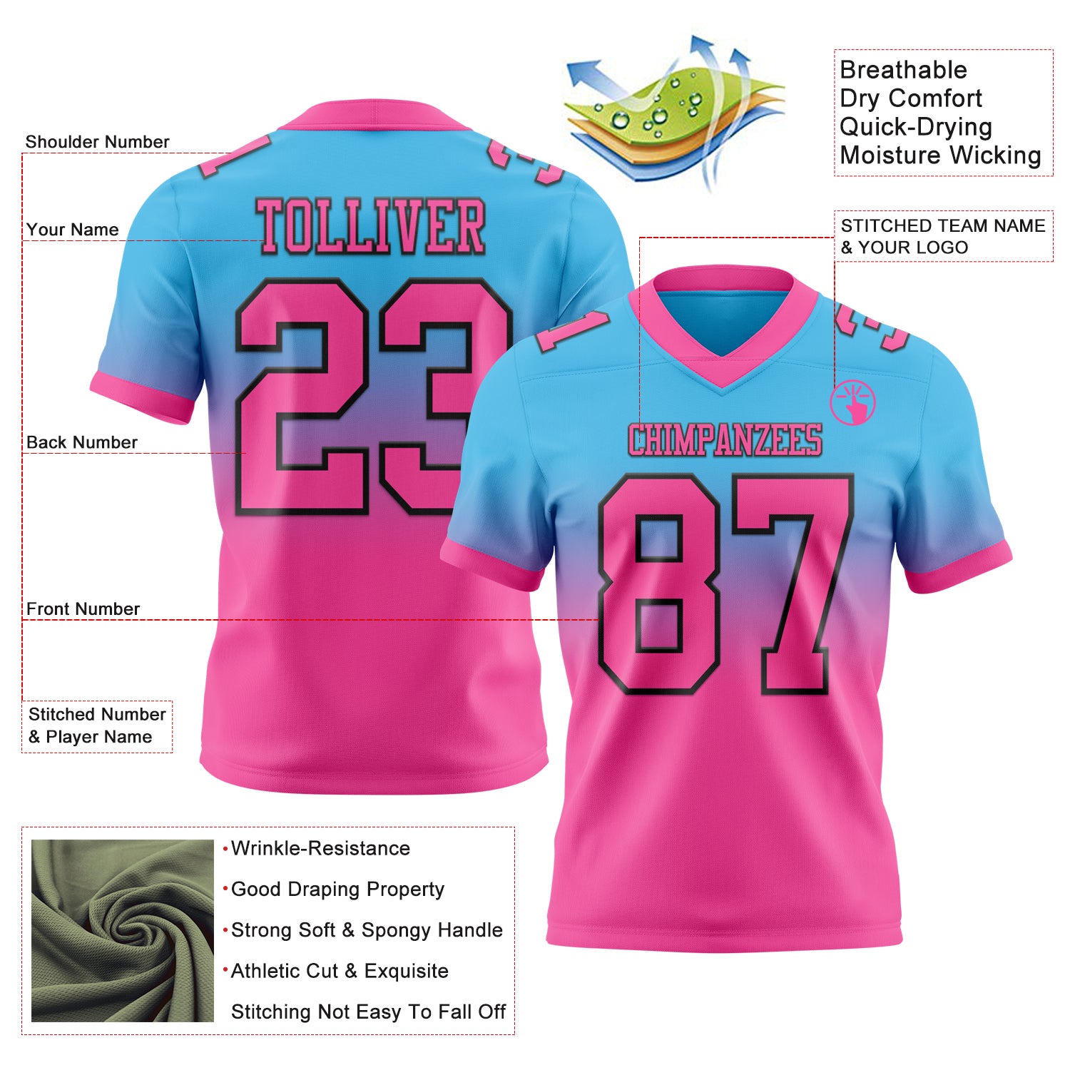 Custom Sky Blue Pink-Black Authentic Fade Fashion Football Jersey