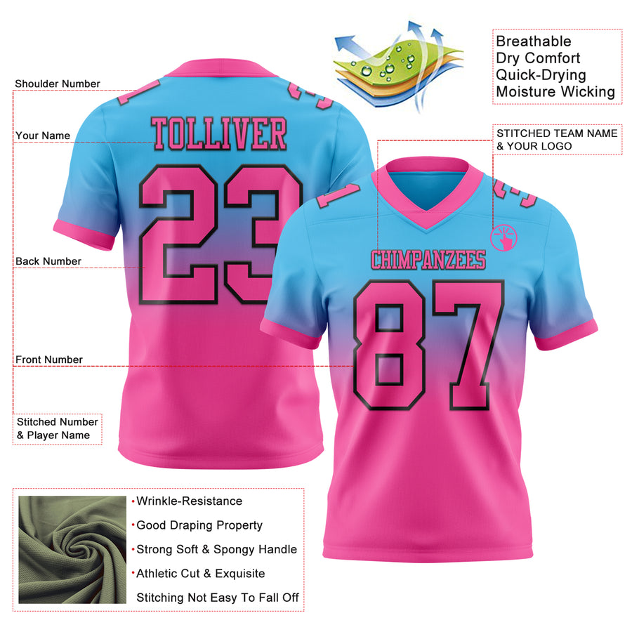 Custom Sky Blue Pink-Black Authentic Fade Fashion Football Jersey