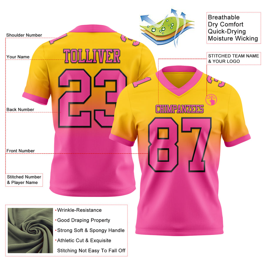 Custom Yellow Pink-Black Authentic Fade Fashion Football Jersey