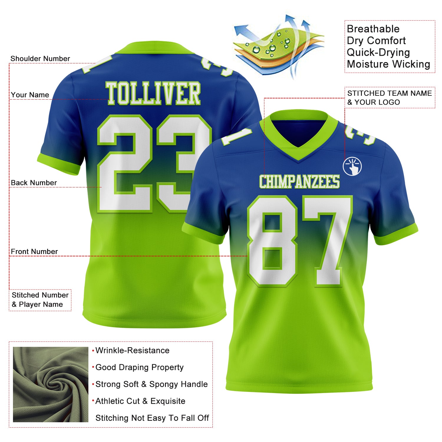 Custom Royal White-Neon Green Authentic Fade Fashion Football Jersey