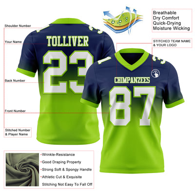 Custom Navy White-Neon Green Authentic Fade Fashion Football Jersey