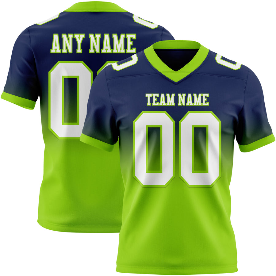 Custom Navy White-Neon Green Authentic Fade Fashion Football Jersey