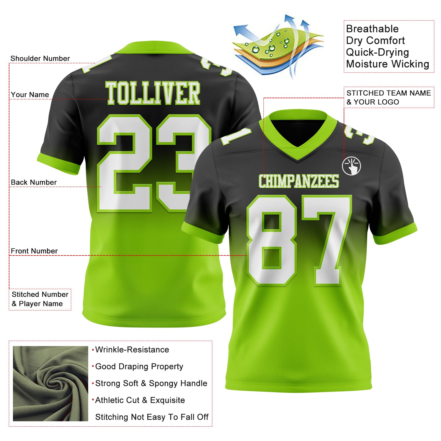 Custom Black White-Neon Green Authentic Fade Fashion Football Jersey