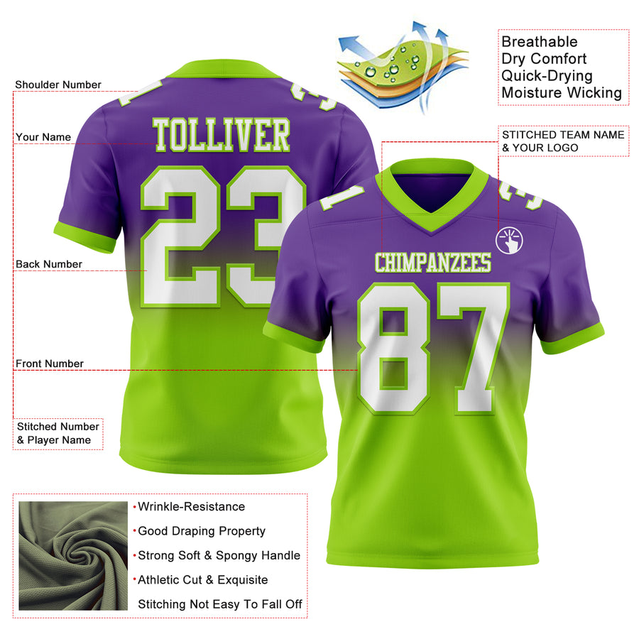 Custom Purple White-Neon Green Authentic Fade Fashion Football Jersey
