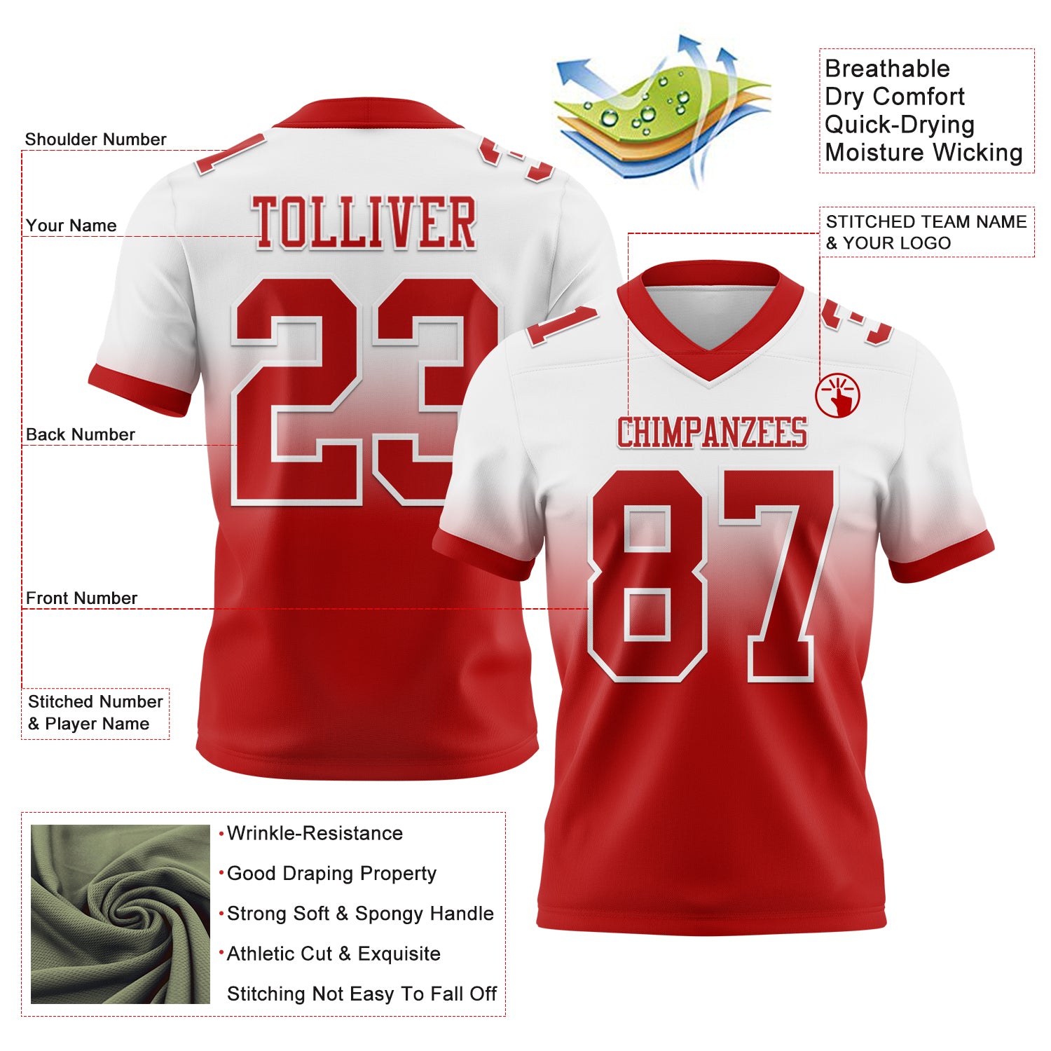Custom White Red Authentic Fade Fashion Football Jersey