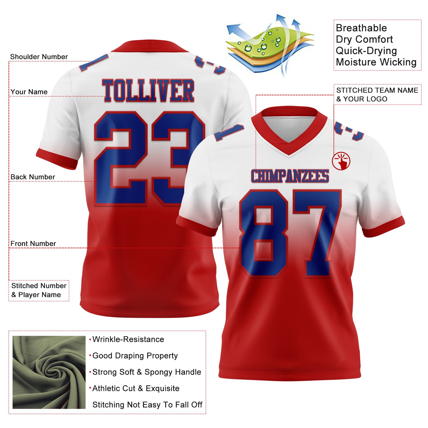 Custom White Royal-Red Authentic Fade Fashion Football Jersey