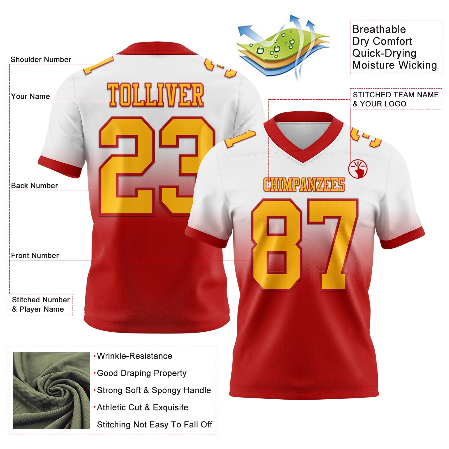 Custom White Gold-Red Authentic Fade Fashion Football Jersey