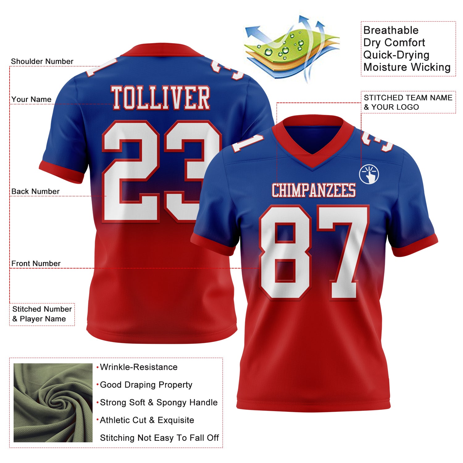Custom Royal White-Red Authentic Fade Fashion Football Jersey