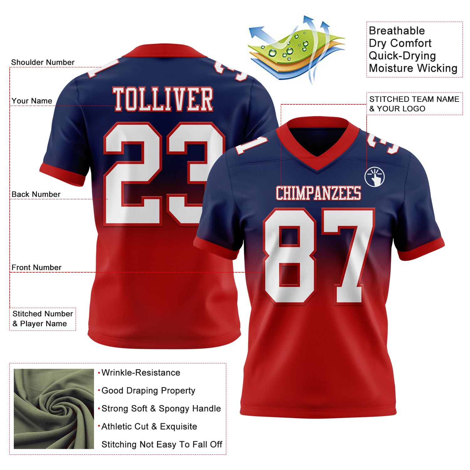 Custom Navy White-Red Authentic Fade Fashion Football Jersey