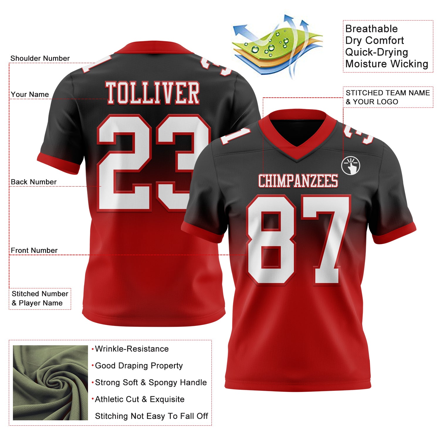 Custom Black White-Red Authentic Fade Fashion Football Jersey