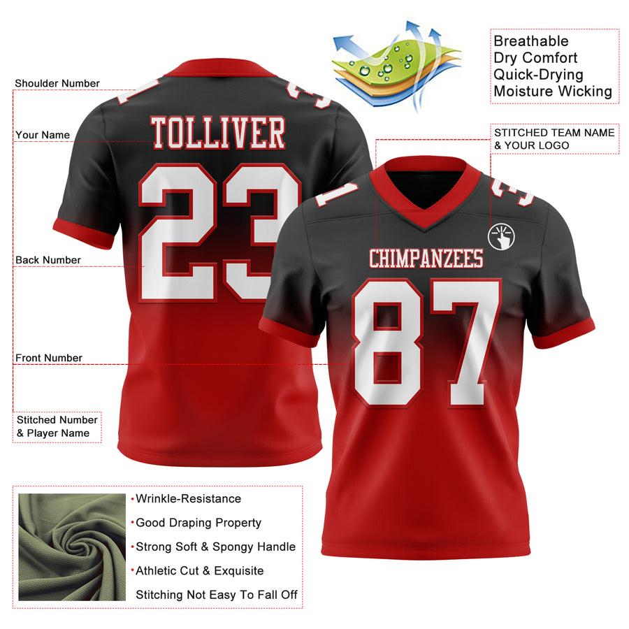 Custom Black White-Red Authentic Fade Fashion Football Jersey