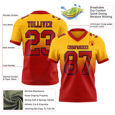 Custom Gold Red-Navy Authentic Fade Fashion Football Jersey