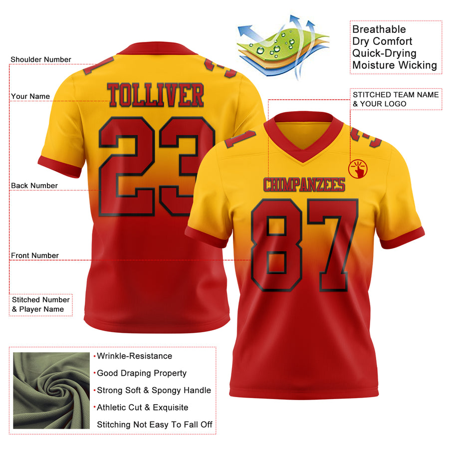 Custom Gold Red-Black Authentic Fade Fashion Football Jersey