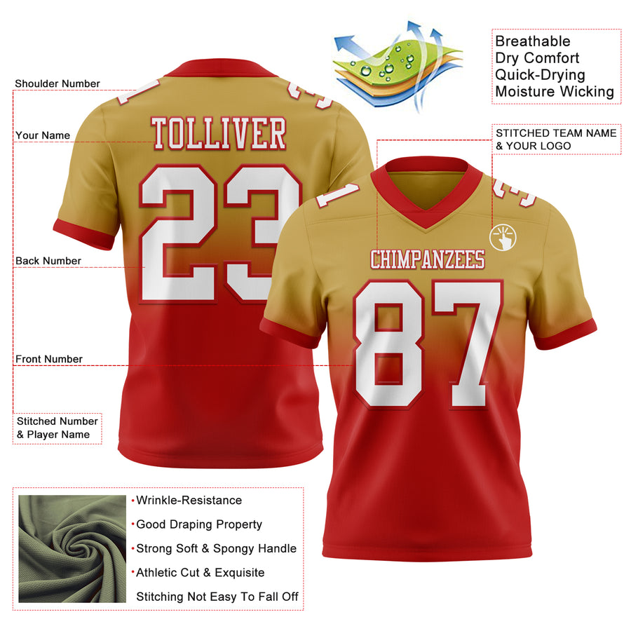 Custom Old Gold White-Red Authentic Fade Fashion Football Jersey