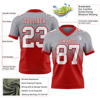 Custom Gray White-Red Authentic Fade Fashion Football Jersey
