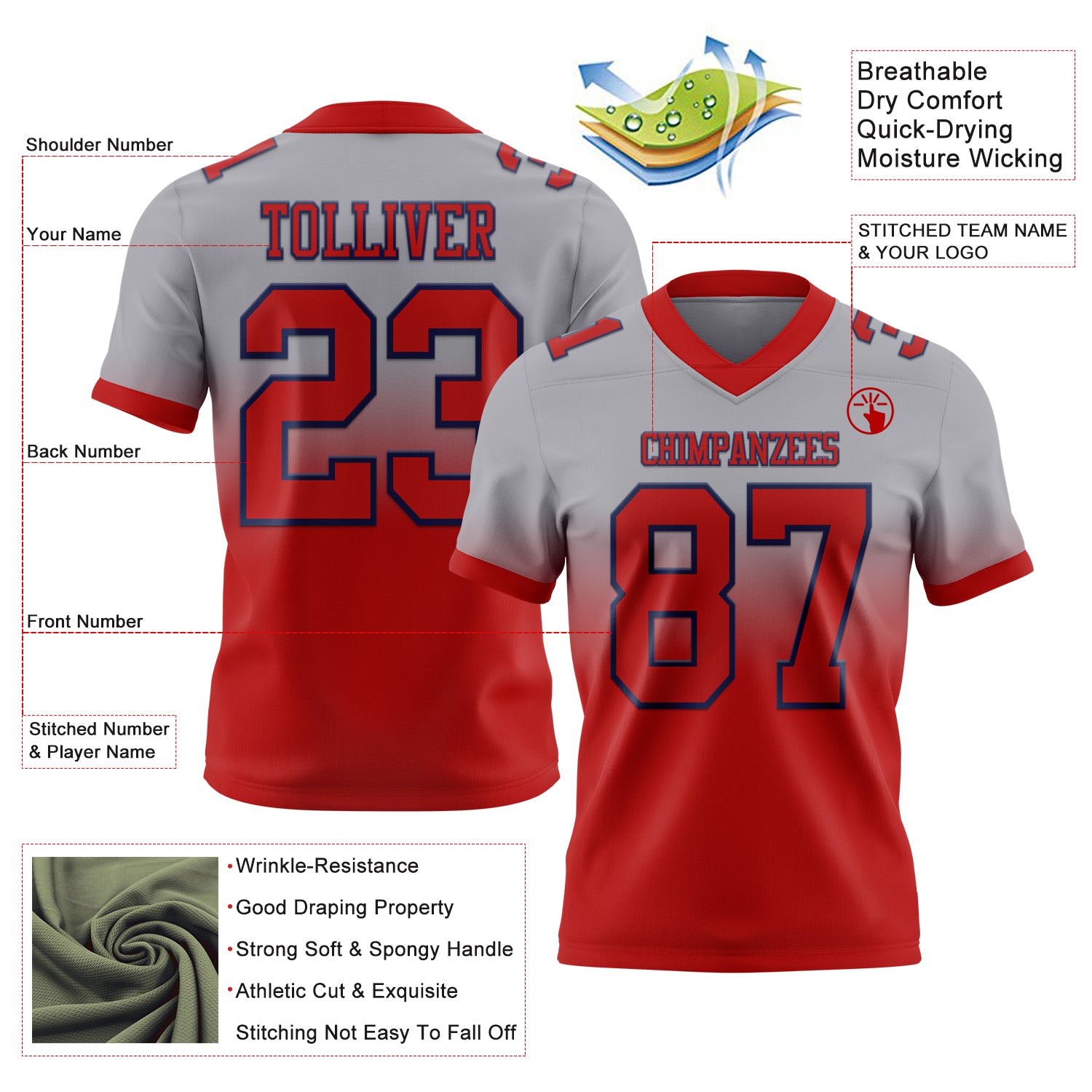 Custom Gray Red-Navy Authentic Fade Fashion Football Jersey