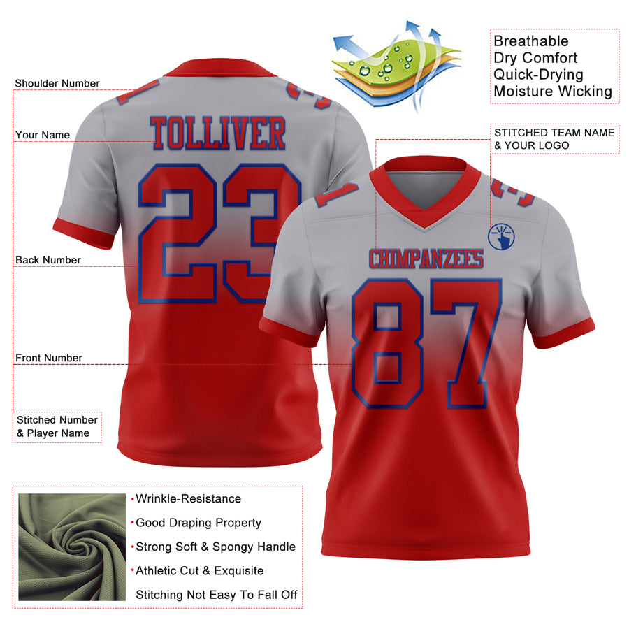 Custom Gray Red-Royal Authentic Fade Fashion Football Jersey