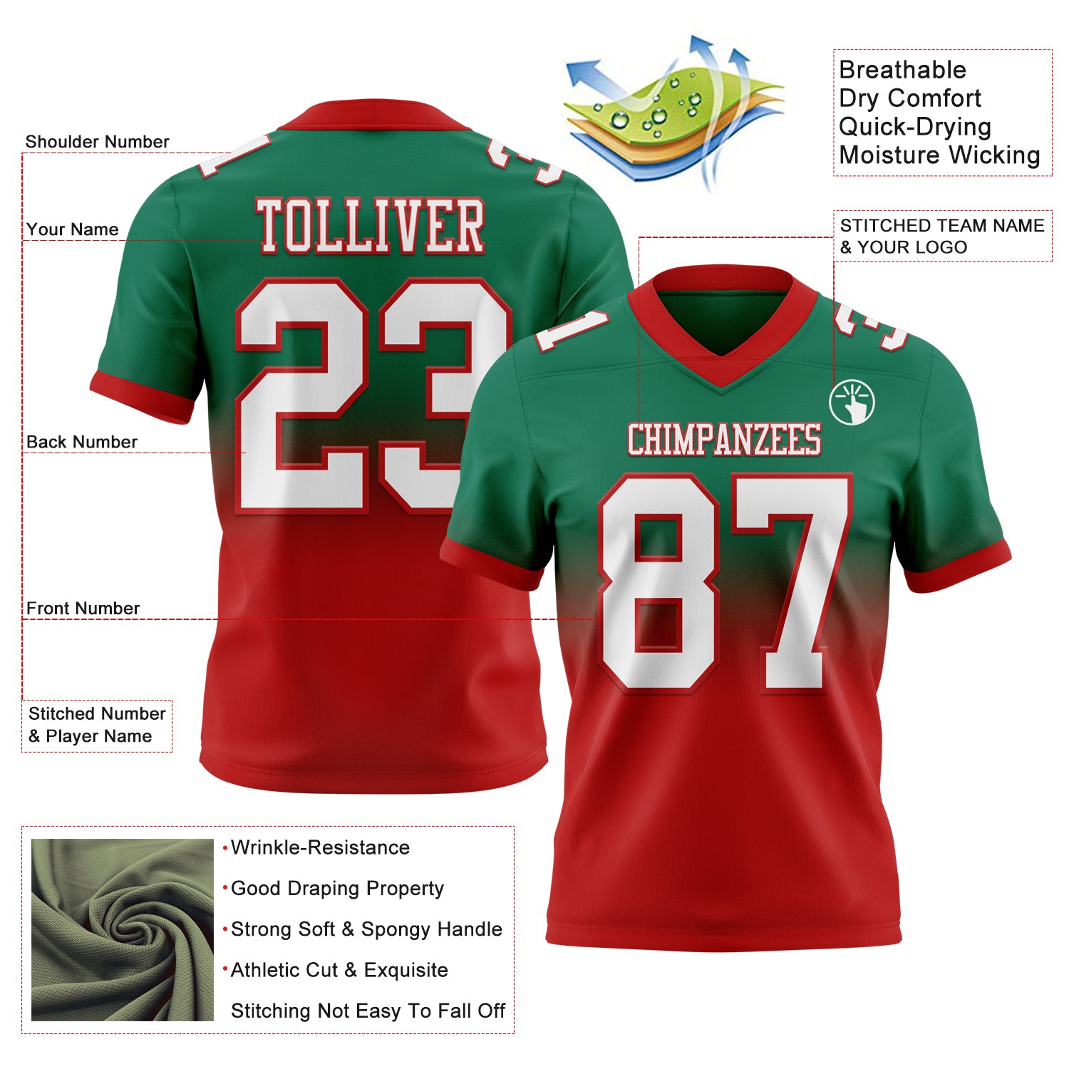 Custom Kelly Green White-Red Authentic Fade Fashion Football Jersey