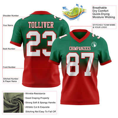 Custom Kelly Green White-Red Authentic Fade Fashion Football Jersey