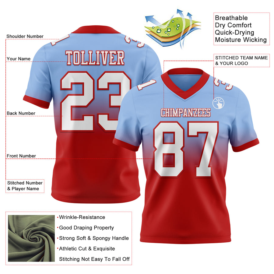 Custom Light Blue White-Red Authentic Fade Fashion Football Jersey