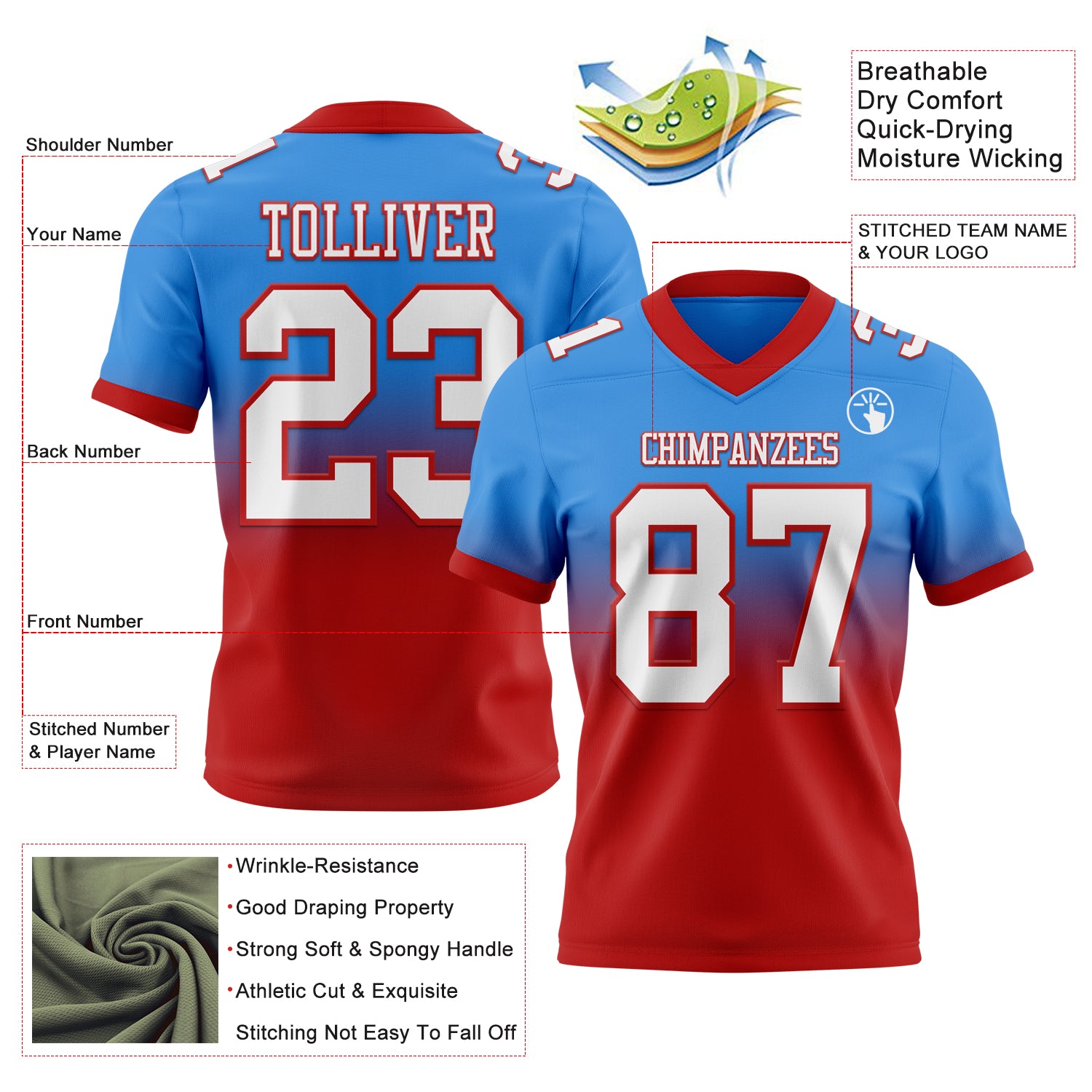 Custom Powder Blue White-Red Authentic Fade Fashion Football Jersey