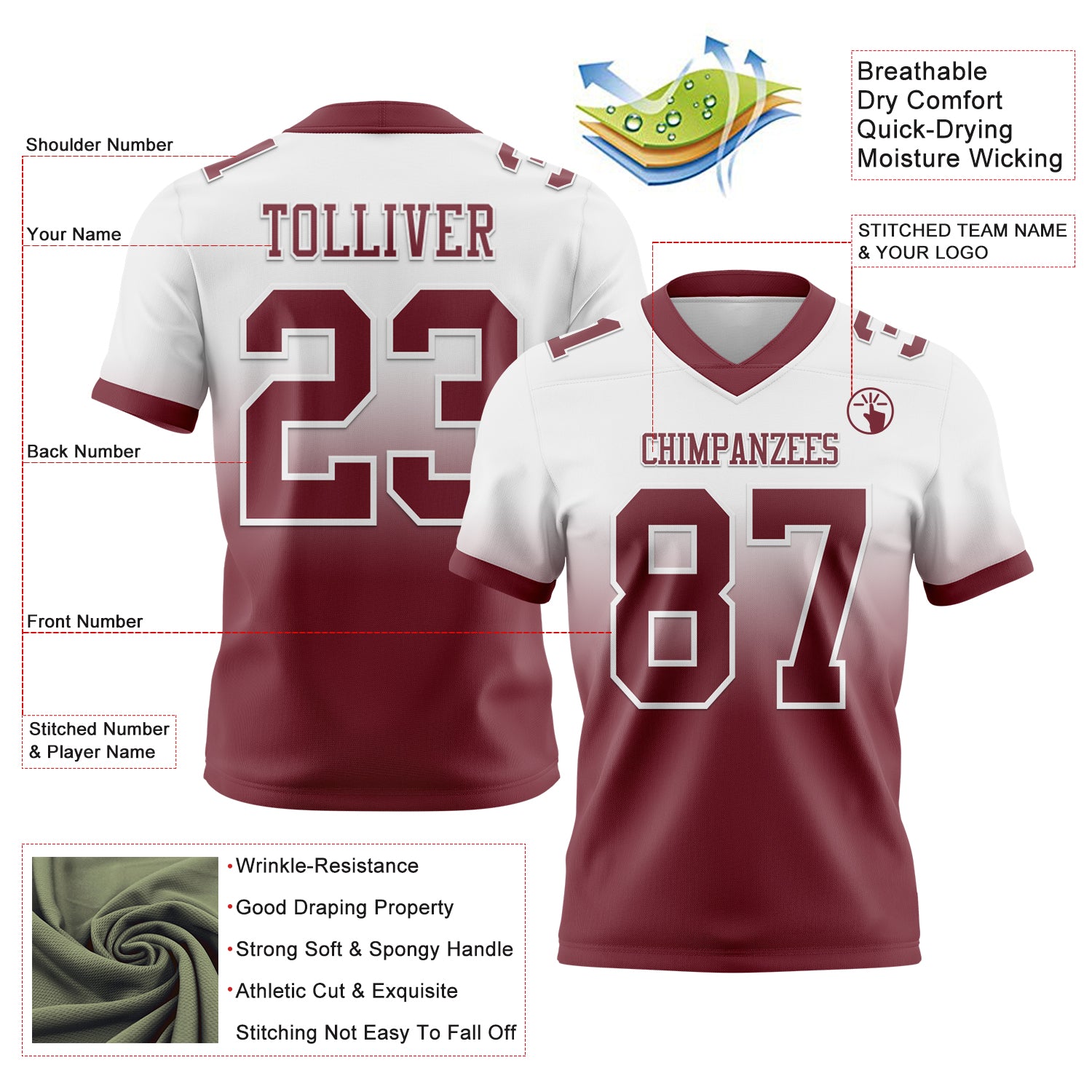 Custom White Burgundy Authentic Fade Fashion Football Jersey