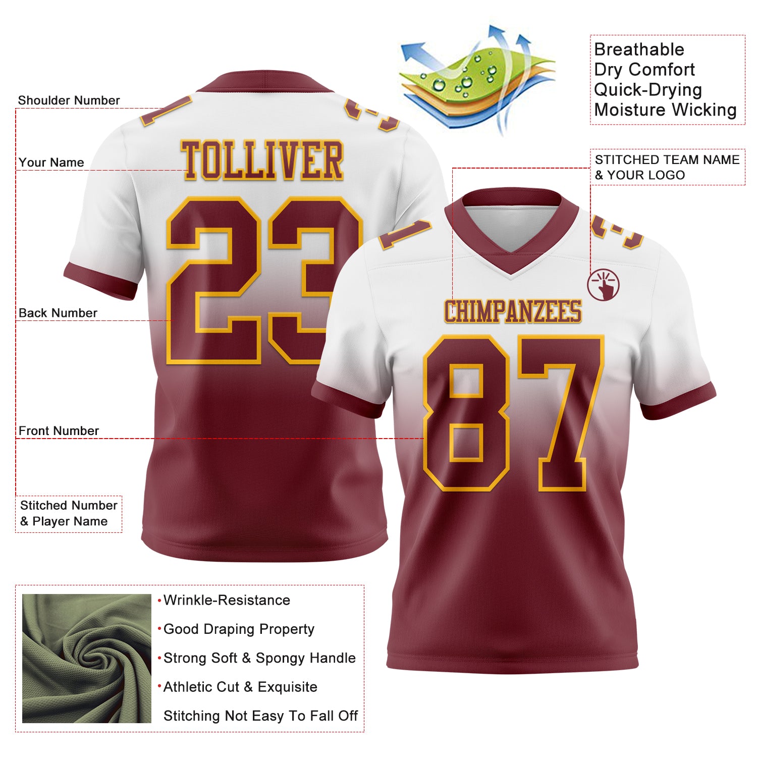 Custom White Burgundy-Gold Authentic Fade Fashion Football Jersey