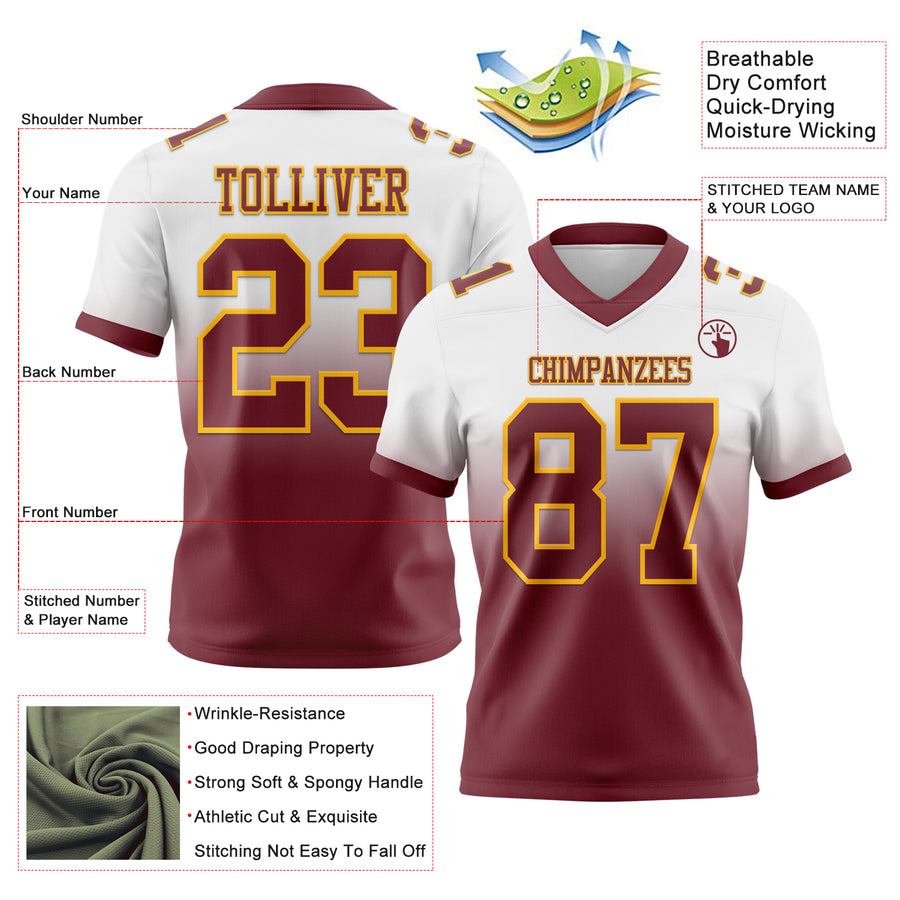 Custom White Burgundy-Gold Authentic Fade Fashion Football Jersey