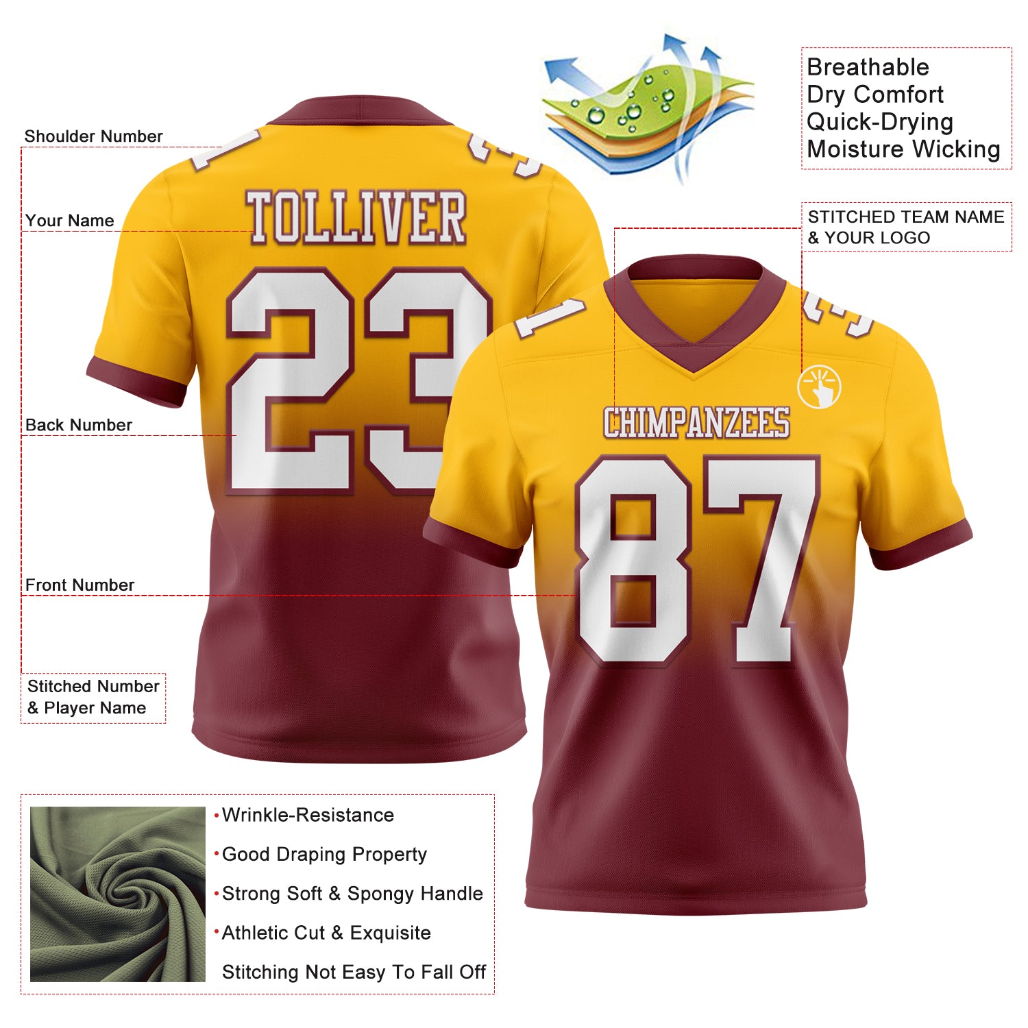 Custom Gold White-Burgundy Authentic Fade Fashion Football Jersey