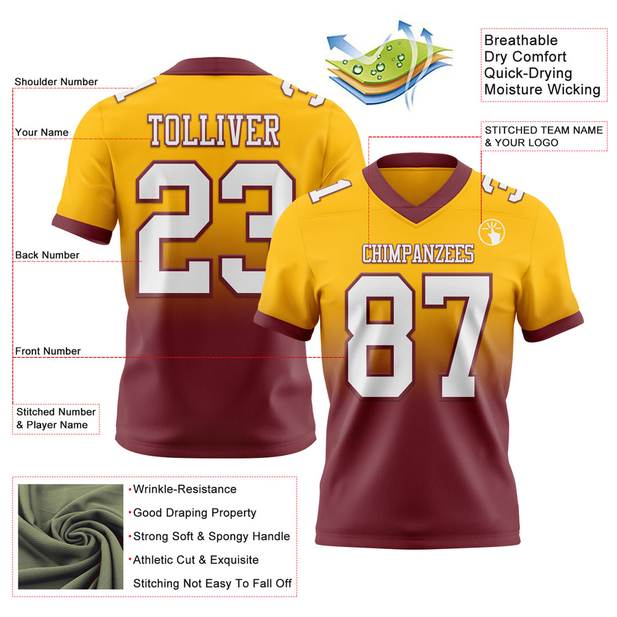 Custom Gold White-Burgundy Authentic Fade Fashion Football Jersey
