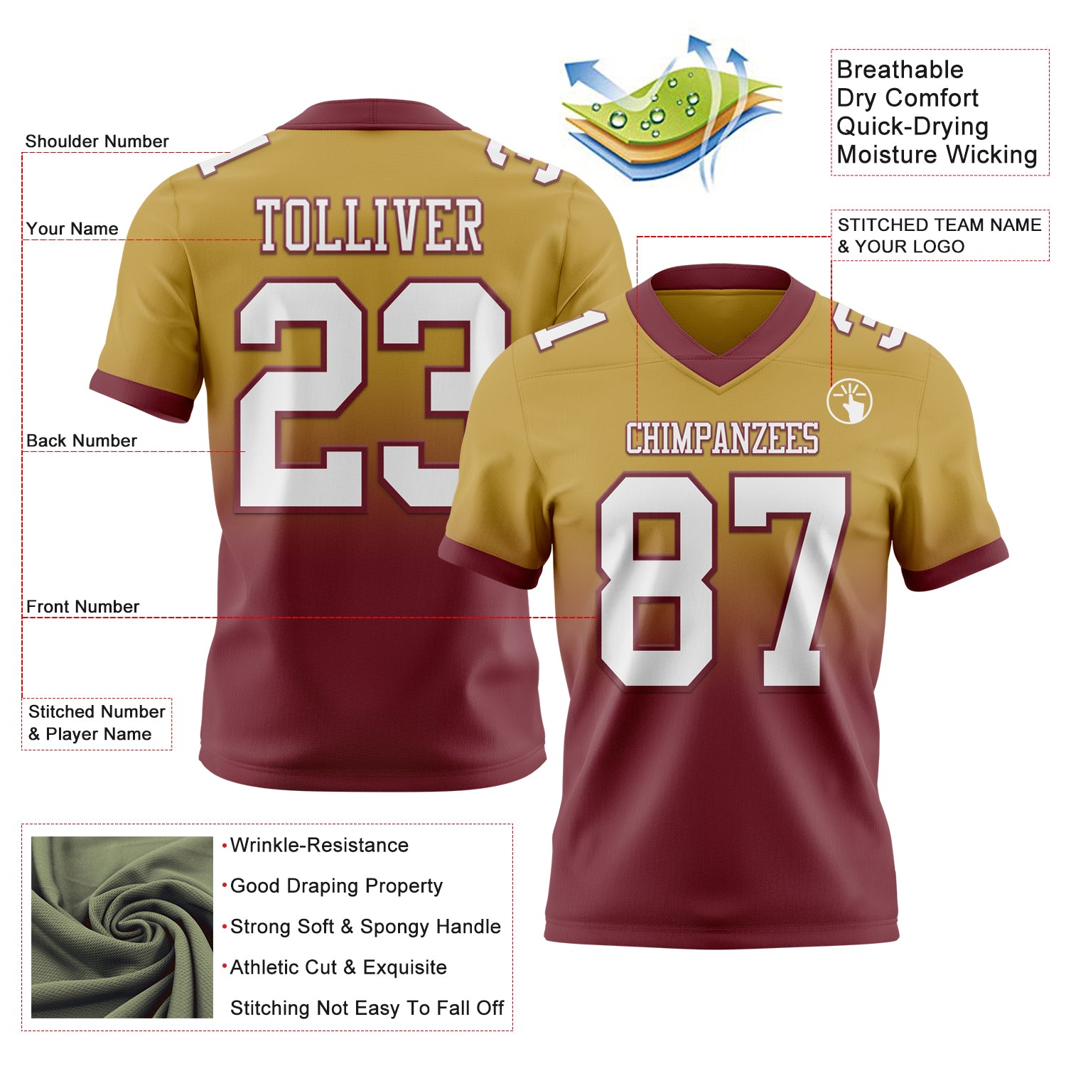 Custom Old Gold White-Burgundy Authentic Fade Fashion Football Jersey