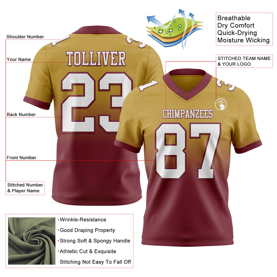 Custom Old Gold White-Burgundy Authentic Fade Fashion Football Jersey