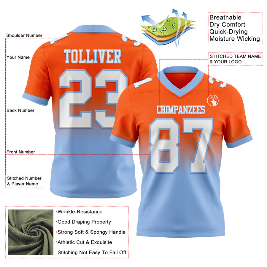 Custom Orange White-Light Blue Authentic Fade Fashion Football Jersey