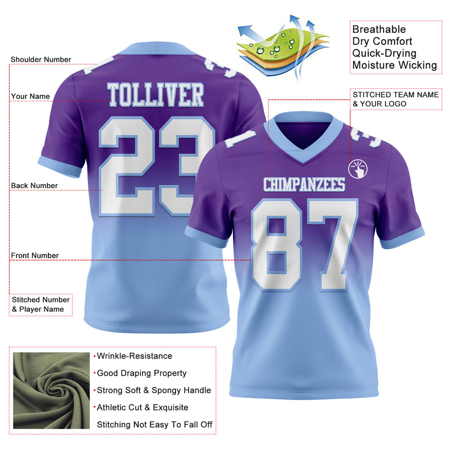 Custom Purple White-Light Blue Authentic Fade Fashion Football Jersey