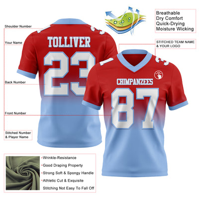 Custom Red White-Light Blue Authentic Fade Fashion Football Jersey