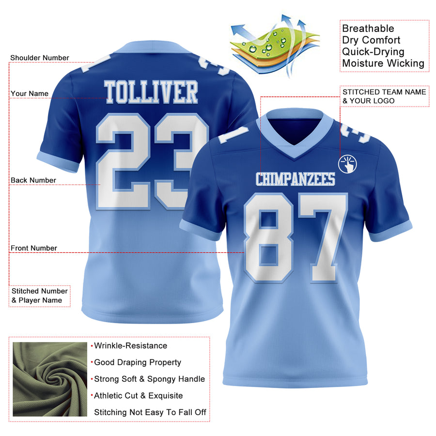 Custom Royal White-Light Blue Authentic Fade Fashion Football Jersey